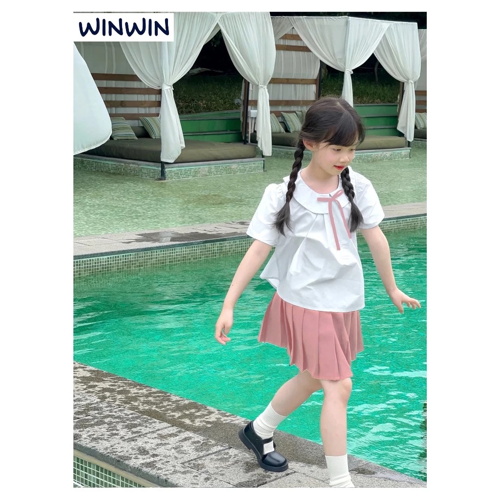 Set Váy Bé Gái, Bộ Bé Gái Phong Cách Học Sinh Áo Kate Cổ Sen Đính Nơ Kèm Chân Váy Xếp Ly Từ 12-45kg Dành Cho Bé Gái