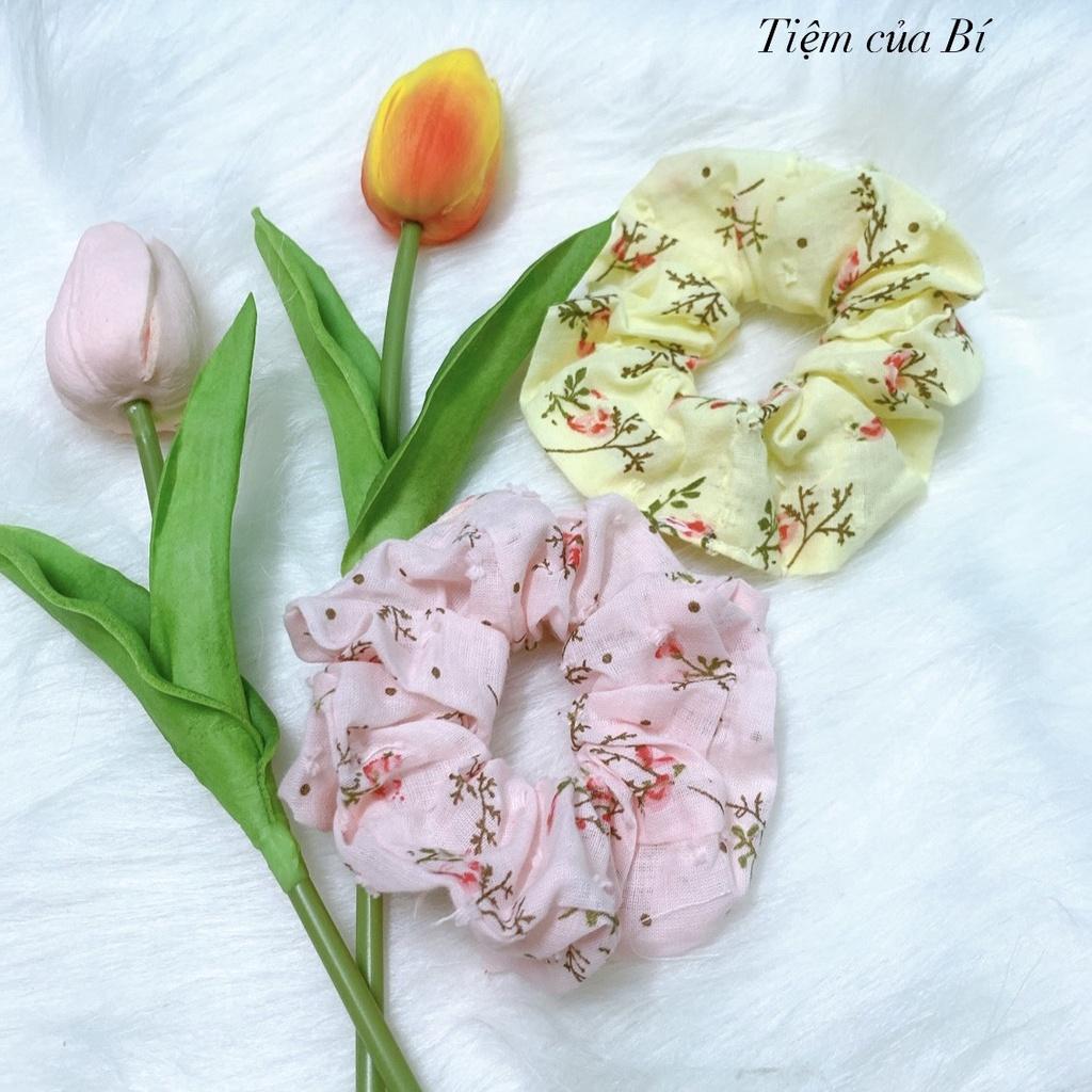 Scrunchies buộc tóc họa tiết hoa hồng nhỏ vải xô cao cấp