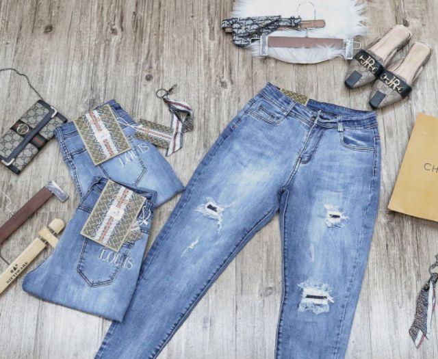 Quần Jeans Nữ Baggy Xanh Rách Thêu Túi Lưng Cao