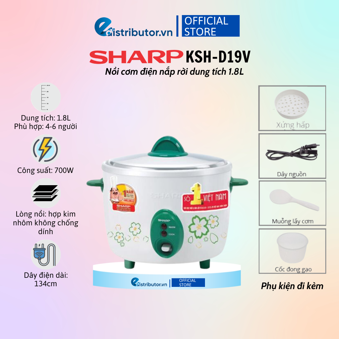 Nồi Cơm Nắp Rời Sharp KSH-D19V (1.8L) - Màu ngẫu nhiên - Hàng Chính Hãng - Bảo Hành 12 Tháng