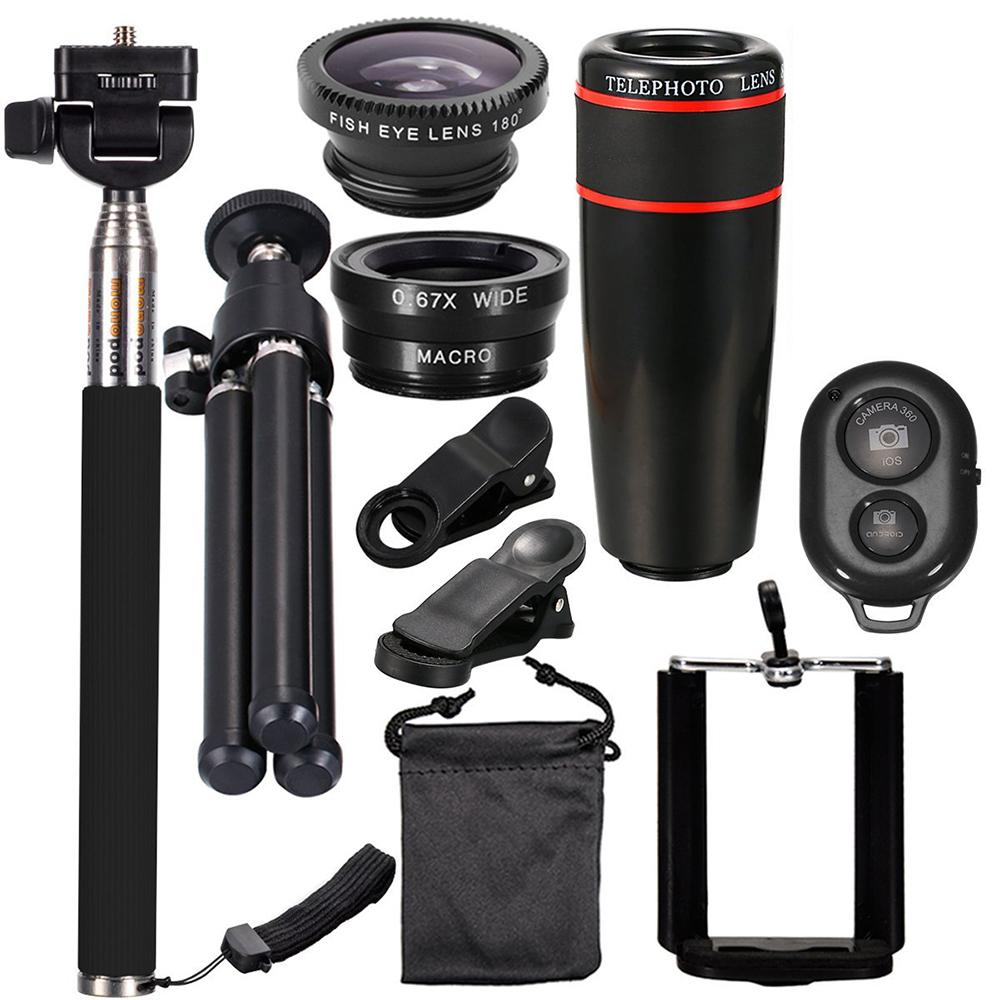 Bộ dụng cụ ống kính điện thoại di động đa năng 10PCS 12X Góc rộng + Mắt cá + Ống kính macro + Gậy chụp ảnh tự sướng + Chân máy cho iOS