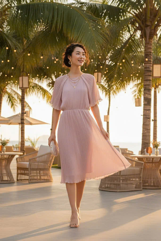 Đầm Xoè Dập Ly Hồng Pastel thời trang thiết kế Hity DRE194