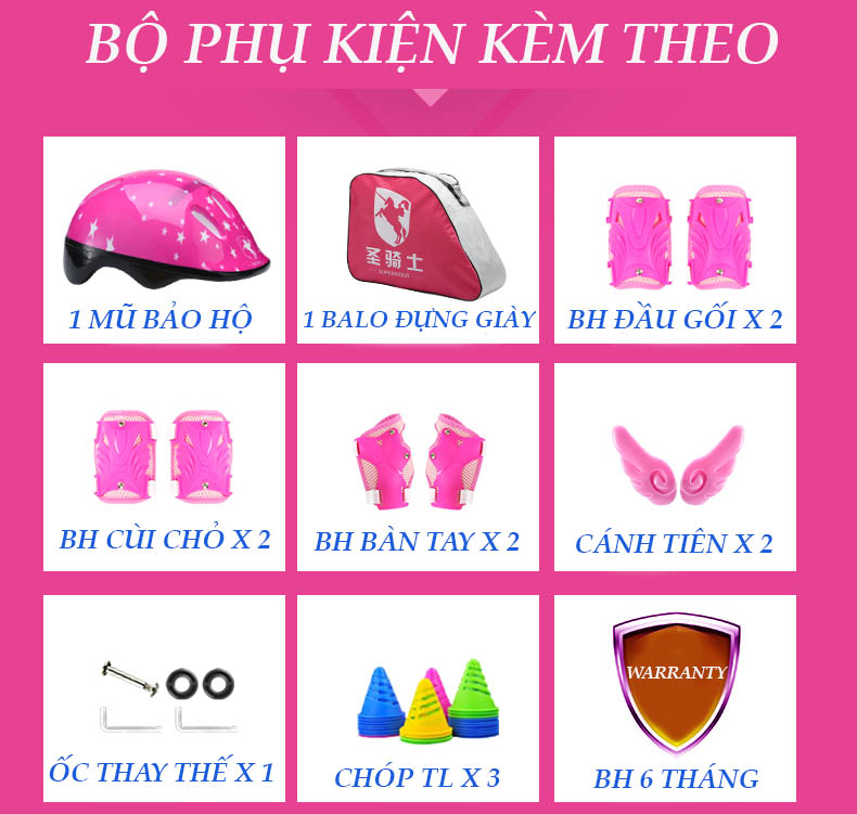 Giày patin trẻ em cao cấp bánh xe PU trượt êm và mượt cả 8 bánh full đèn led -Tặng balo đựng giày chất lượng cùng hãng, đồ bảo hộ 7 món và đầy đủ phụ kiện chơi kèm theo