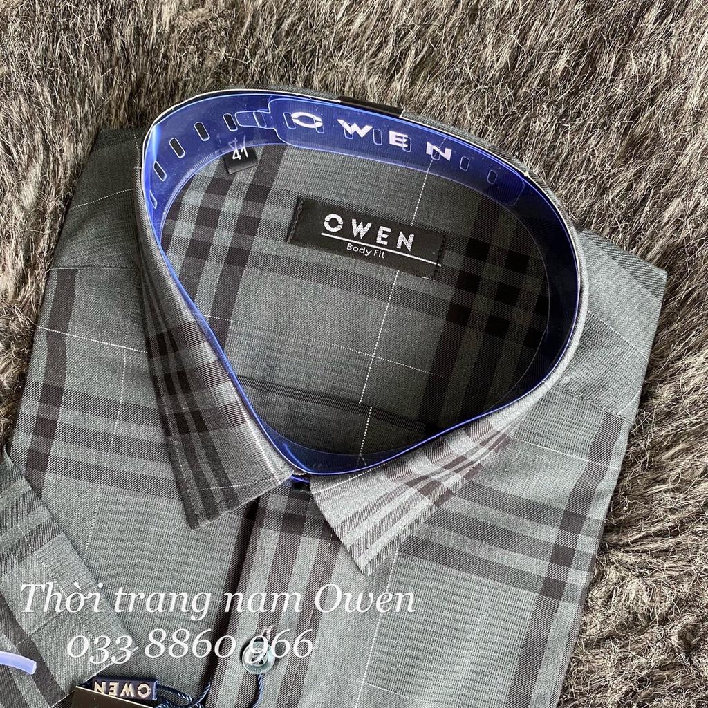 OWEN - Áo Sơ mi ngắn tay Owen vạt ngang chất bạc hà kẻ ca rô rêu xám 220412