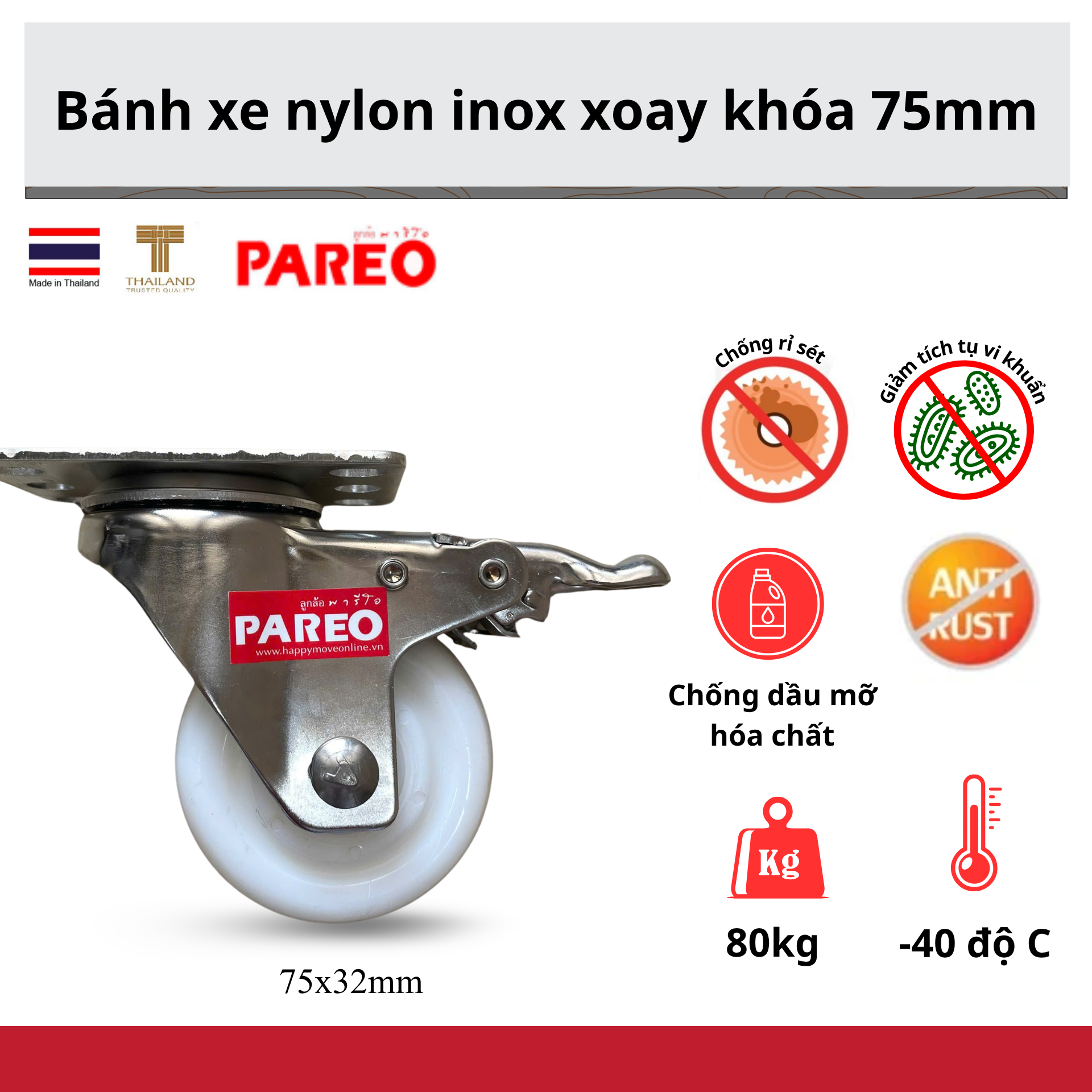 Bánh xe đẩy Nylon, bánh xe Pa càng Inox 304 xoay khóa  - PAREO