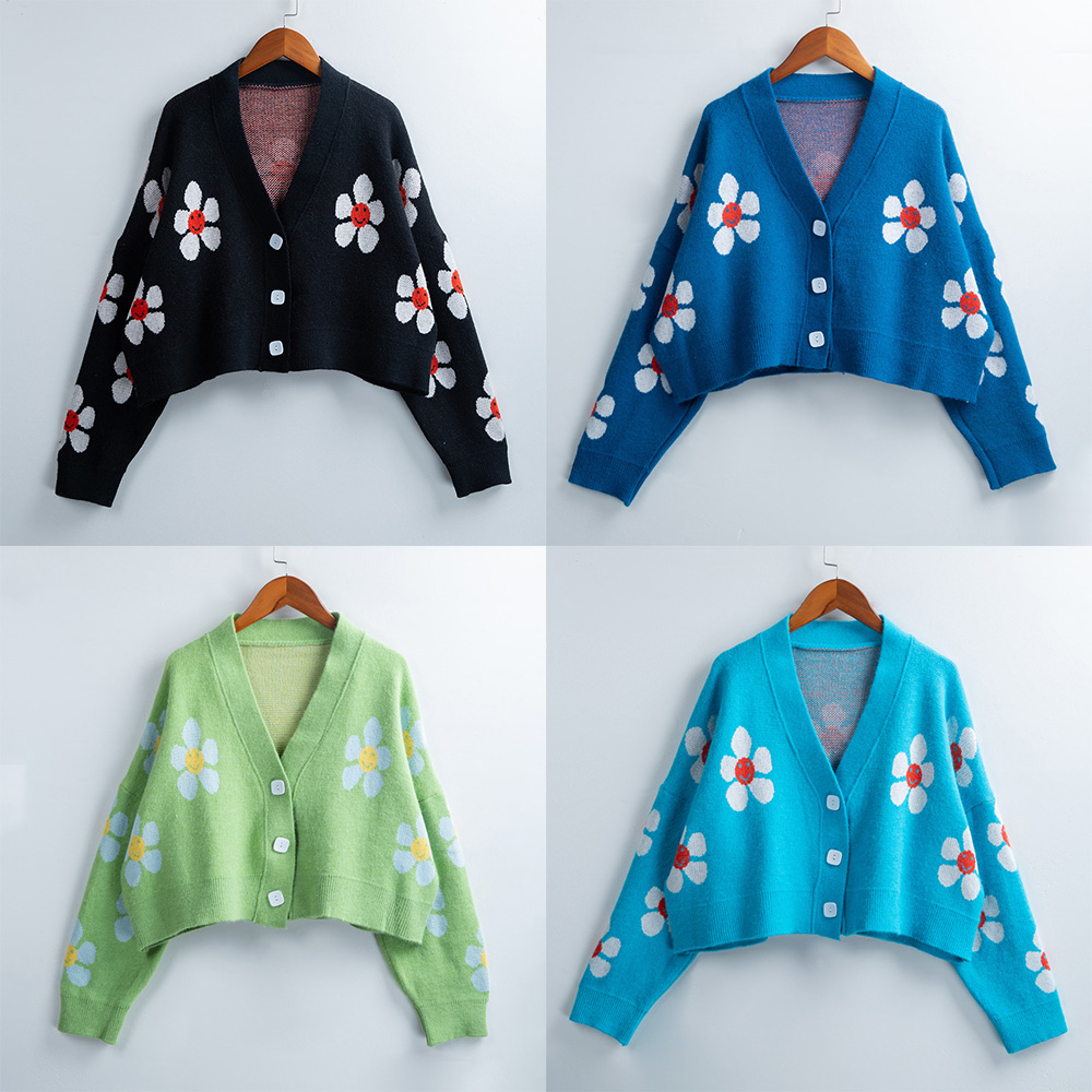 Short Cardigan for Women Flower Knit Sweater V Neck Button Long Sleeve Loose Coat Casual