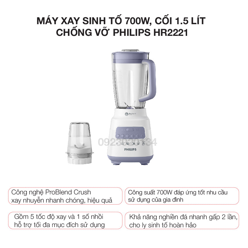 Máy xay sinh tố 700w, cối 1.5 lít chống vỡ Philips HR2221