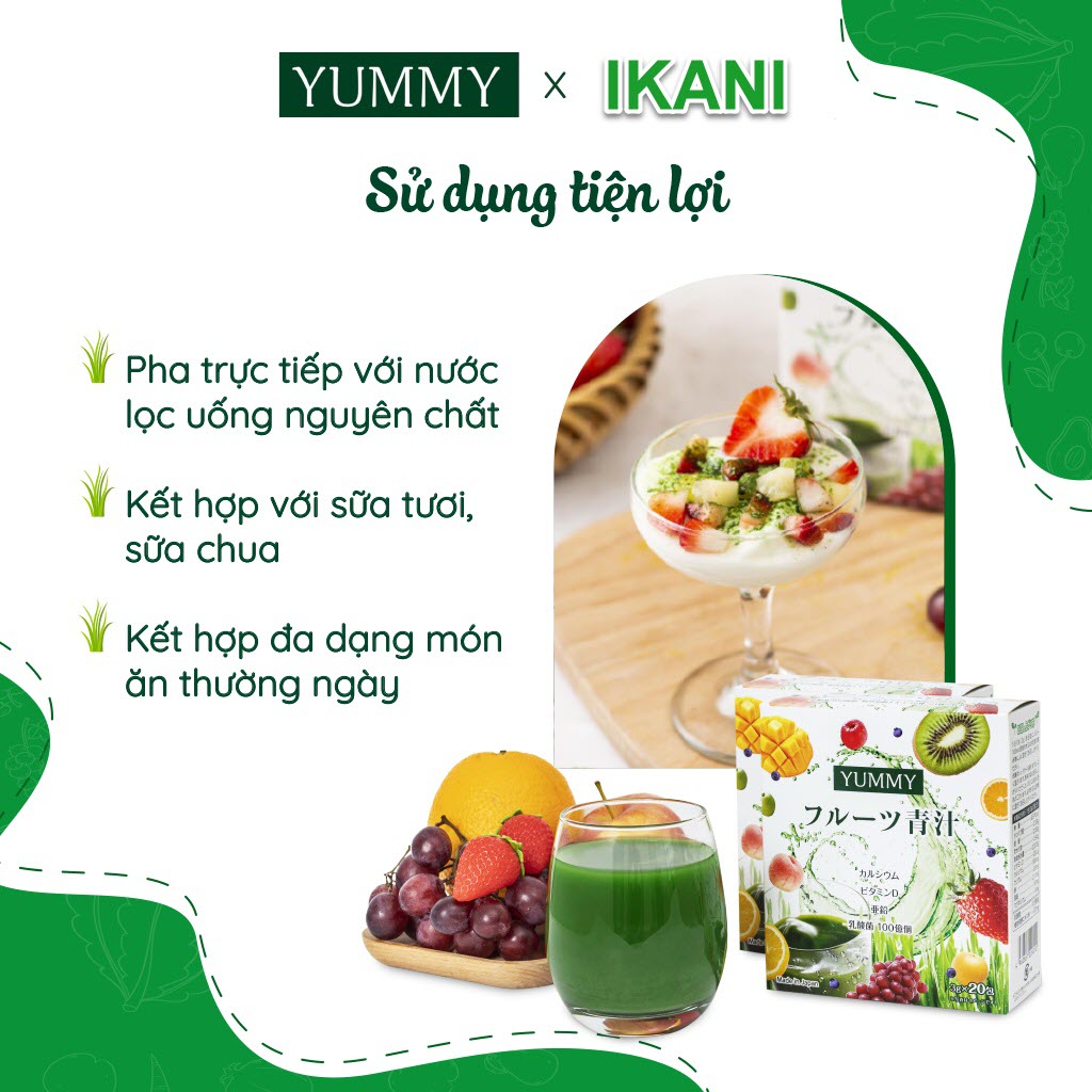 Bột mầm lúa mạch trái cây Yummy nhập khẩu Nhật Bản - Hộp 20 gói x 3g