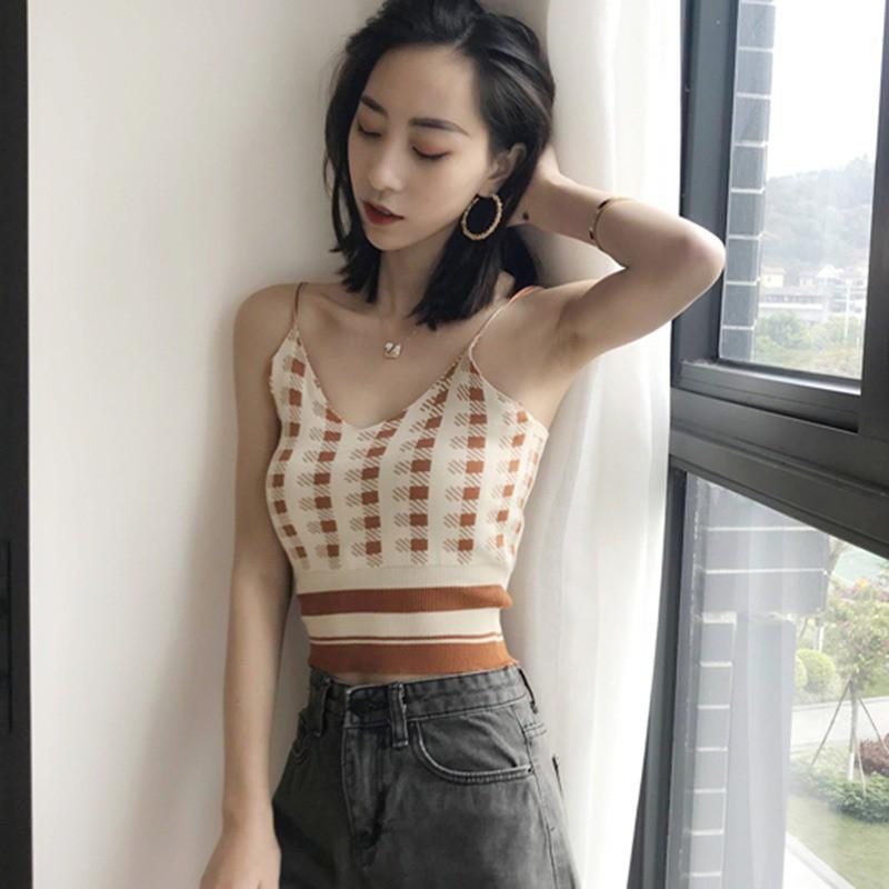 Áo dệt kim nữ cổ chữ V sát nách gợi cảm
