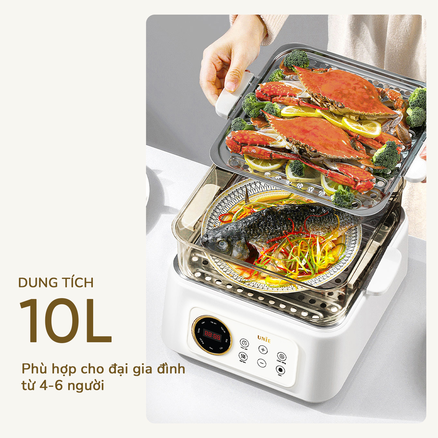 Nồi lẩu, hấp đa năng UNIE UE668, 8 chức năng, dung tích 10L, 2 tầng hấp, hấp gà nguyên con, hấp bên trên nấu bên dưới, Hàng chính hãng bảo hành 12 tháng