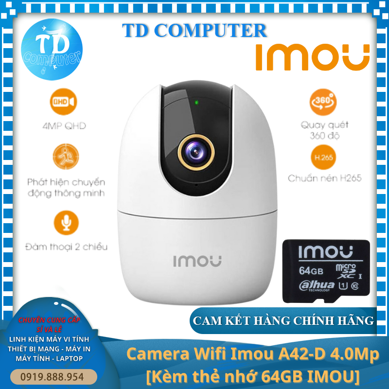 Camera Wifi Imou A42P-D 4.0Mp [Kèm thẻ nhớ 64GB KINGSTON] ~ Chuẩn QHD 2K Đèn hồng ngoại Âm thanh 2 chiều - Hàng chính hãng FPT phân phối