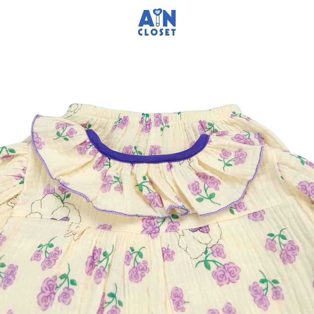 Bộ quần áo dài tay ngắn bé gái họa tiết Mèo Hoa Tím xô muslin - AICDBG0MRENZ - AIN Closet