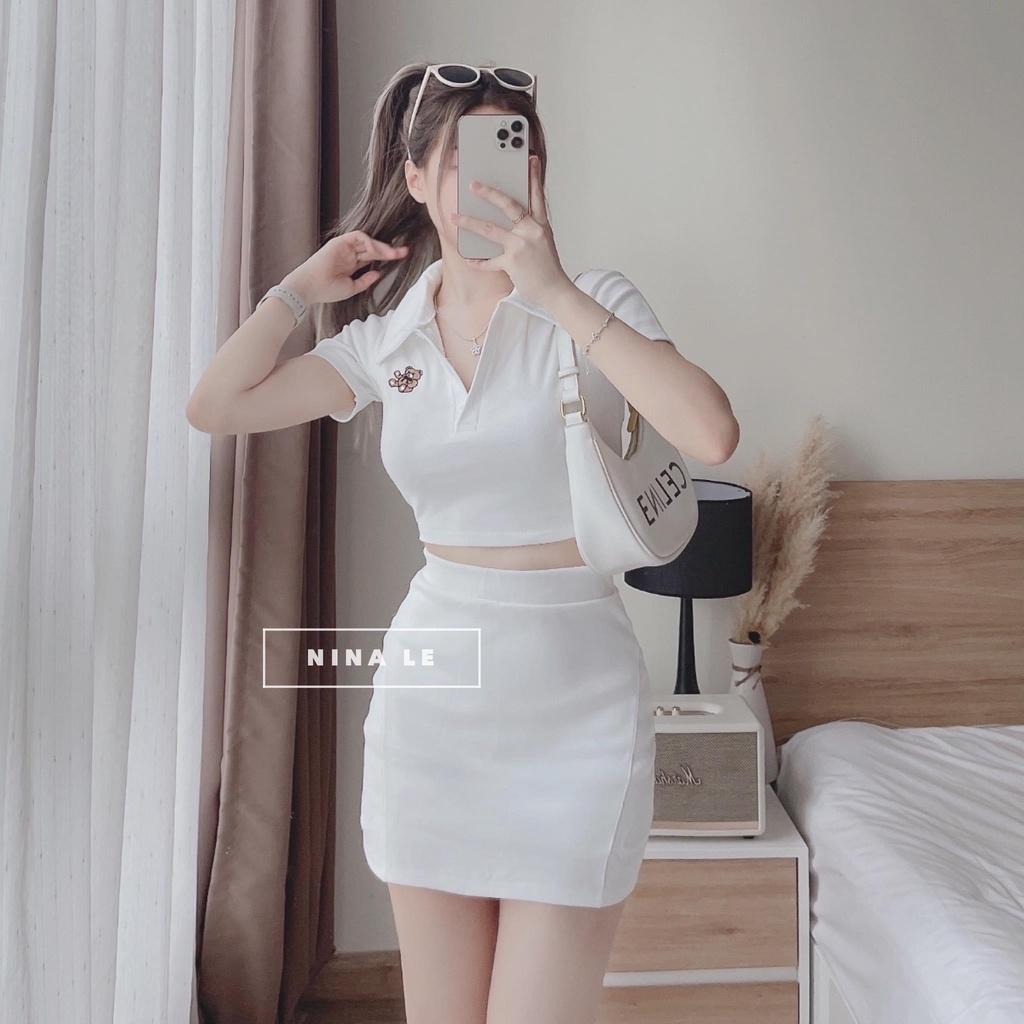 Set bộ đồ nữ thun body áo croptop thêu gấu xinh xắn mix với chân váy siêu xinh tôn da, tôn dáng cho các tình yêu