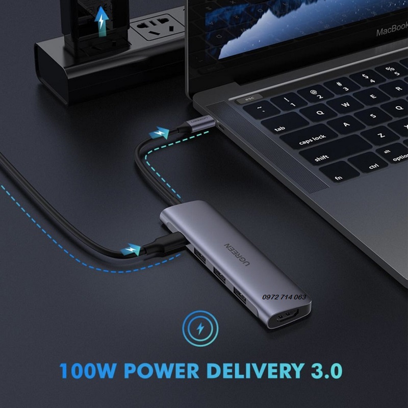 Bộ chuyển USB-C sang HDMI 4K30Hz kèm 3 cổng USB 3.0, 1 cổng sạc USB-C Cao Cấp Ugreen 50209 - hàng chính hãng