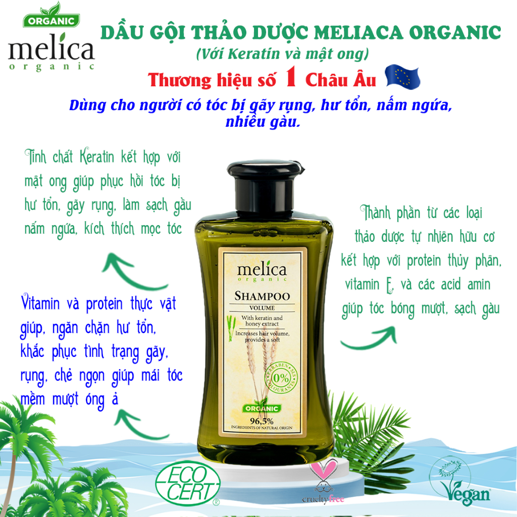 Dầu gội thảo dược hữu cơ ngừa rụng tóc, kích thích mọc móc Melica Organic 300ml Keratin và Protein thủy phân