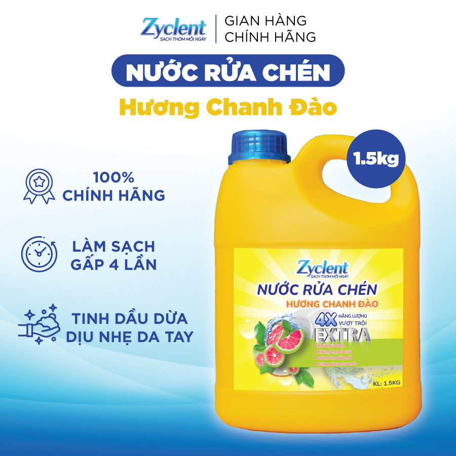 NƯỚC RỬA CHÉN ZYCLENT EXTRA HƯƠNG CHANH ĐÀO - 1.5KG