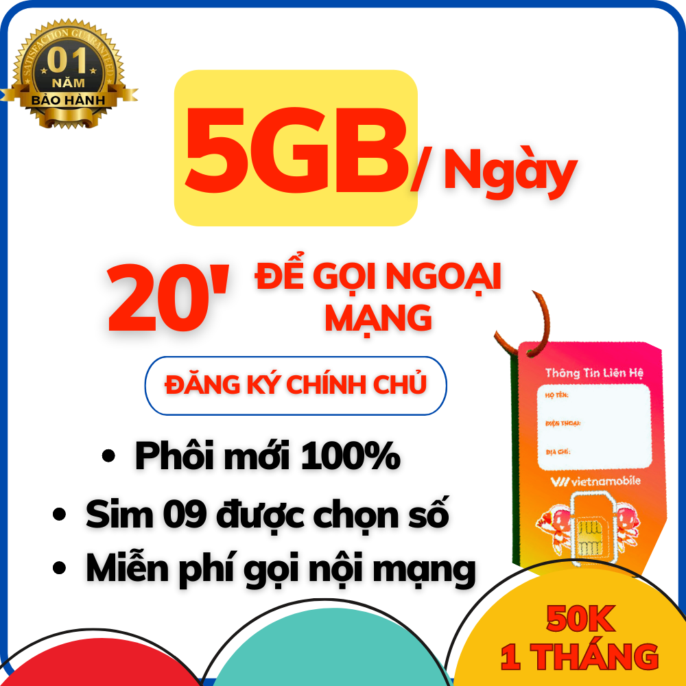 Sim 4G Vietnamobile 5GB/Ngày Đầu 09 được chọn số, cước 50k/tháng, miễn phí 20 phút gọi ngoại mạng và gọi nội mạng miễn phí