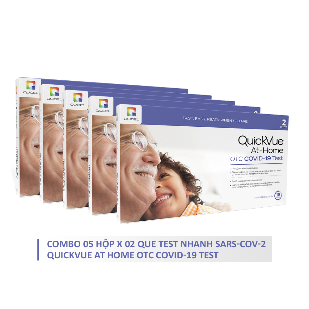 Combo 5 hộp x 2 kit QuickVue Covid-19 Test nhanh tại nhà (lấy mẫu mũi chỉ 1.5 - 2cm không gây đau) - Hàng Mỹ chính hãng