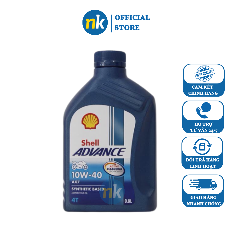 Nhớt xe số cao cấp, Shell Advance 4T AX7 10W40 Synthetic Based 0.8L, chuyên dùng xe máy số, xe côn tay, xe mô tô PKL