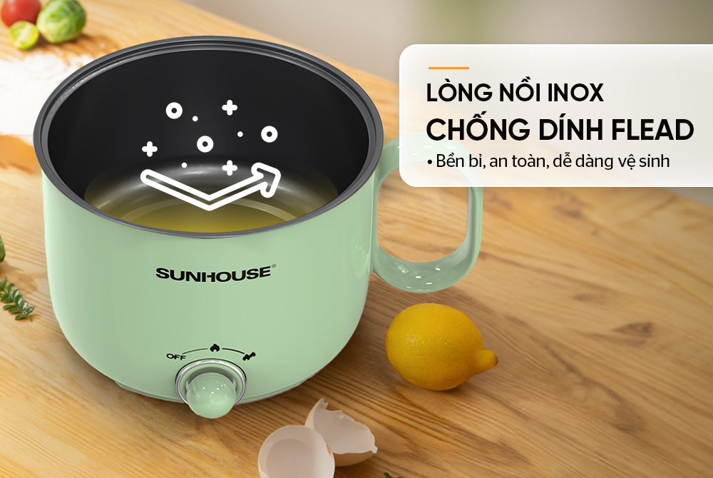 Ca lẩu điện 1.5L Sunhouse SHD4515G - 800W, 4 chức năng, phù hợp cho 1-2 người - Lòng nồi inox, chống dính Flead an toàn - Hàng chính hãng