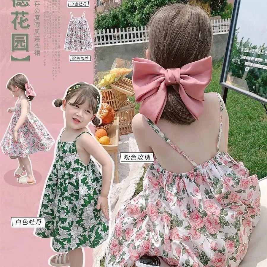 CHENGRUI Quần áo trẻ em 2023 cho bé gái Hàn Quốc phong cách phương Tây cô gái nhỏ sling váy trẻ em hoa mảnh đầm mùa hè váy công chúa