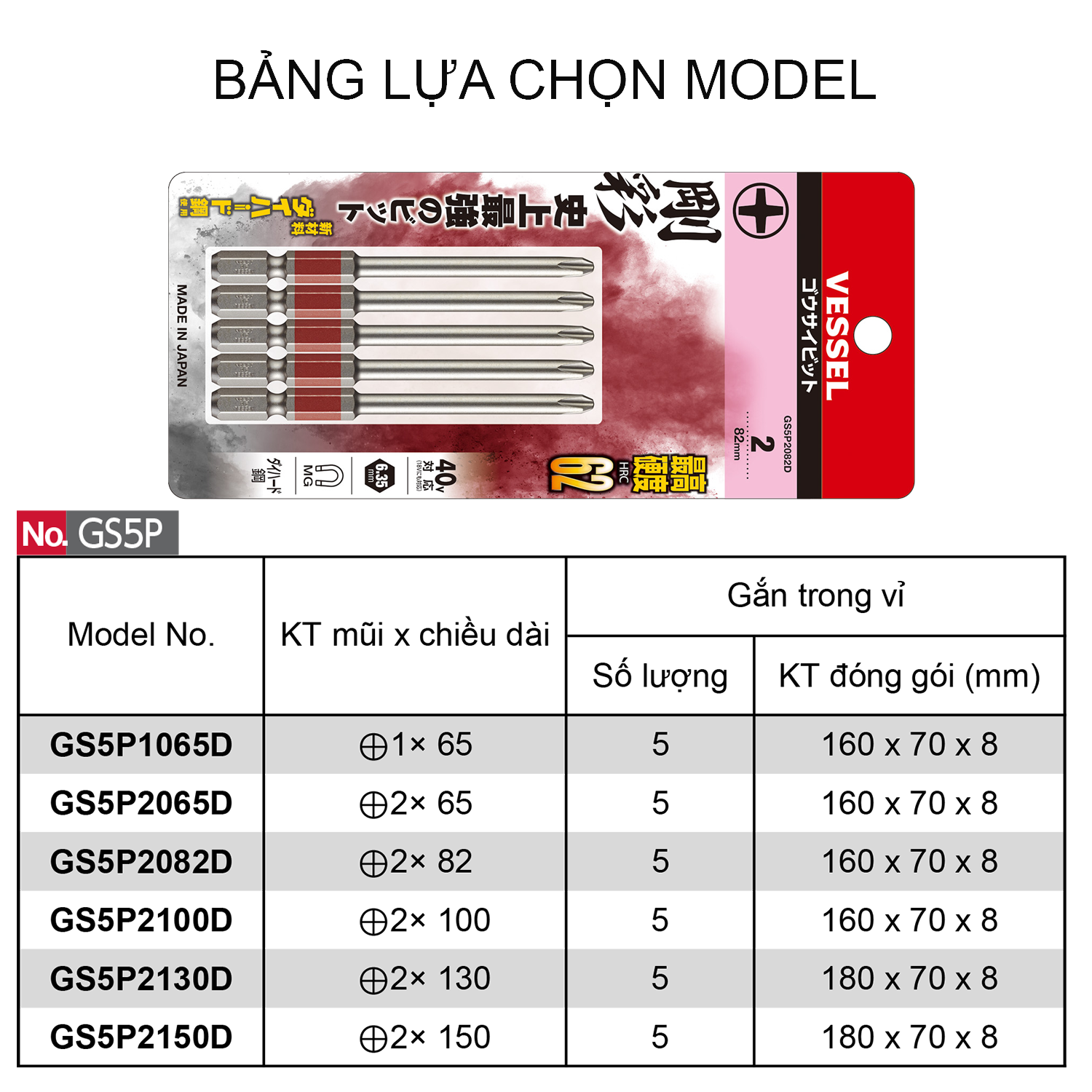 Bộ 05 cái mũi vặn vít 1 đầu mũi chữ thập - Vessel (Nhật Bản)