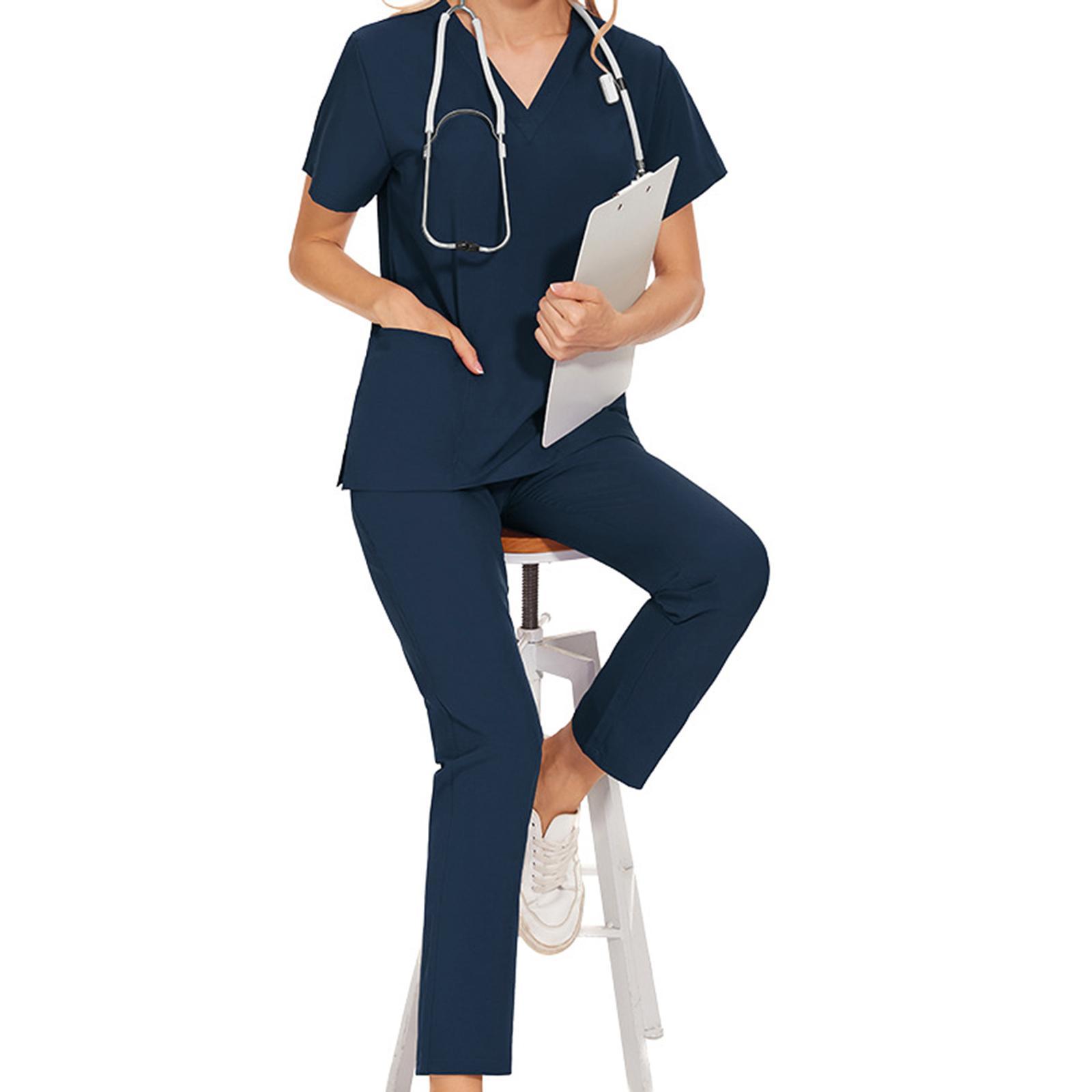 Nurse Work Uniforms Workwear Women's Scrub Set, with Pockets Breathable Hospital Uniform V Neck Scrub Top and Trousers