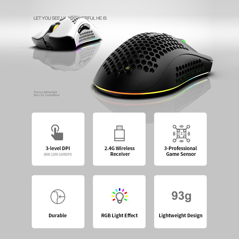 Chuột Game Không Dây 2.4G Sạc Chuột RGB Hiệu Ứng Ánh Sáng 3 DPI Có Thể Điều Chỉnh Rỗng Ruột Thiết Kế Tổ Ong Trắng