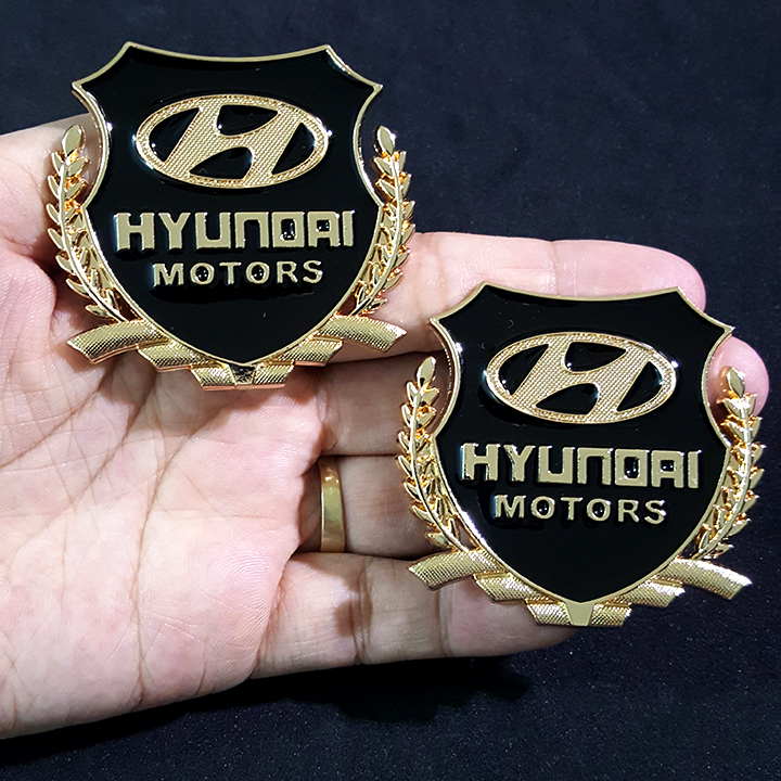 Bộ 2 miếng dán logo kim loại chữ HYUNDAI bông lúa