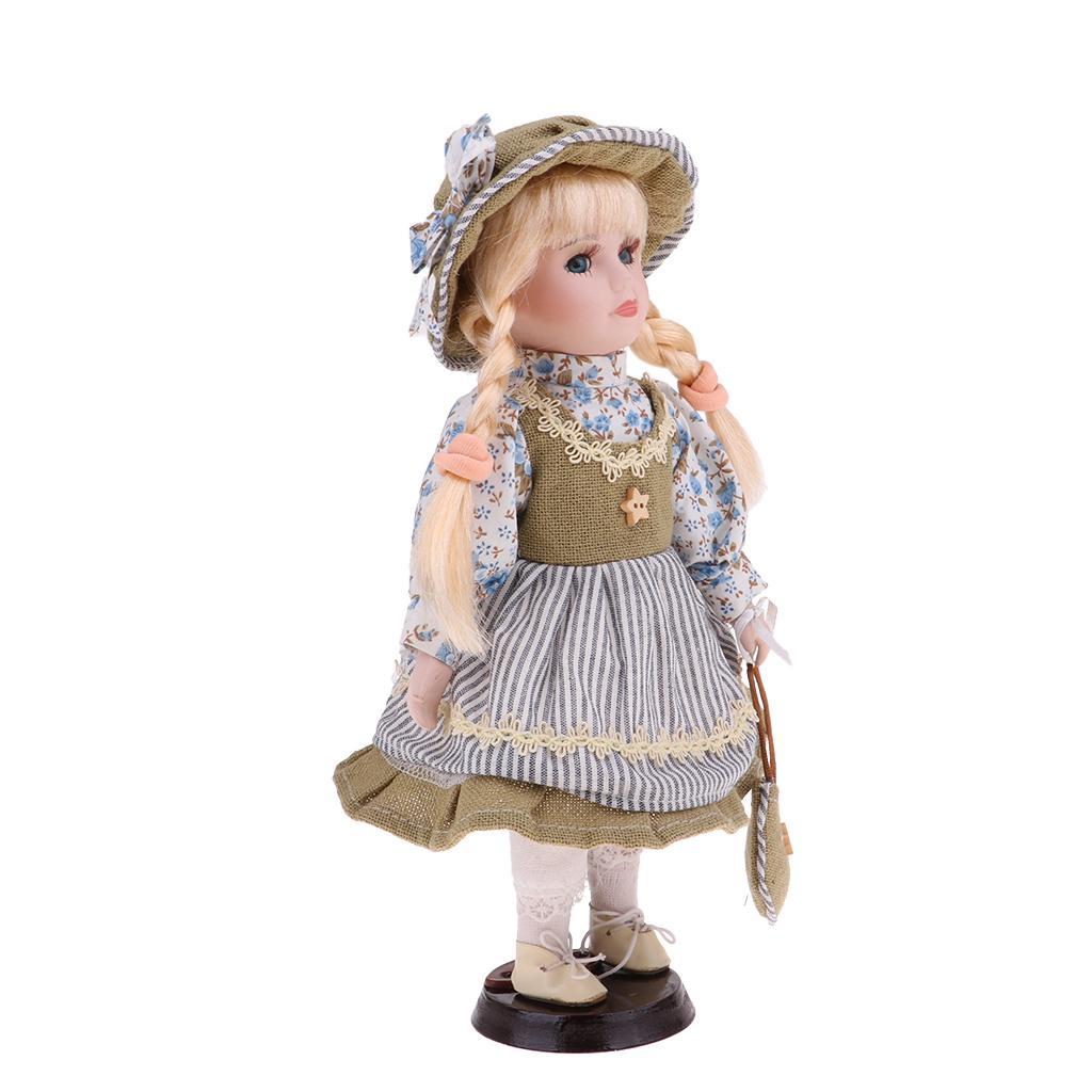 12 inch Elegant Porcelain Doll Collectible Miniatures, 2 Pieces Standing Victorian Girl Lady Doll with Stand, Hat, Shoes and Clothes
