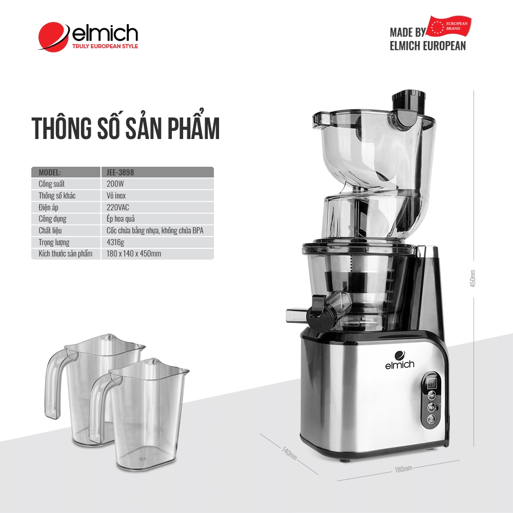 Máy ép chậm trái cây Elmich JEE-3898 Hàng chính hãng