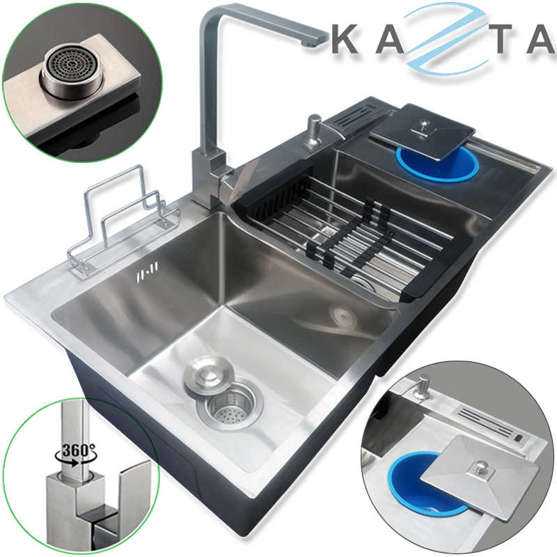 Combo Chậu Rửa Chén Bát  KAZTA KZ-CB10048H Inox Có Hố Rác Tiện Lợi Gồm: Chậu Rửa Chén, Vòi Rửa Chén Và Nhiều Phụ Kiện Kèm Theo