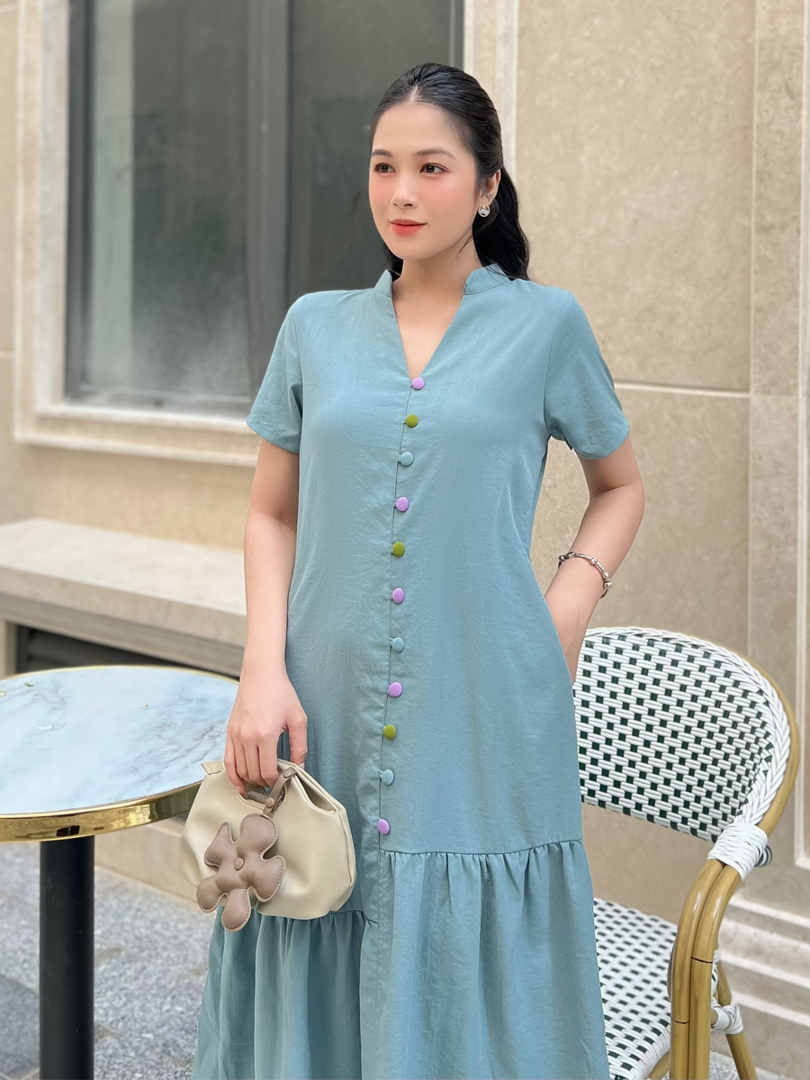 [HCM] Đầm Linnen thun cổ trụ phối nút duyên dáng cho nữ AD088 - KHANH LINH STYLE