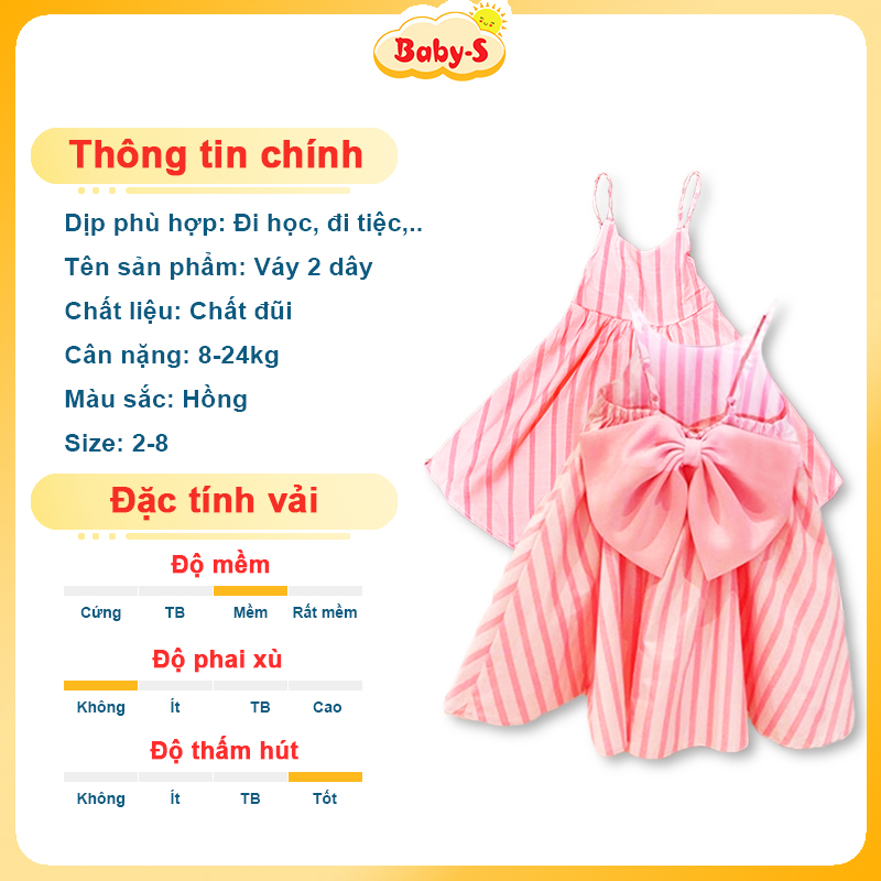 Đầm cho bé 8-24kg chất đũi mềm Baby-S, Váy 2 dây cho bé dáng xòe phối nơ mặt lưng xinh xắn – SD092