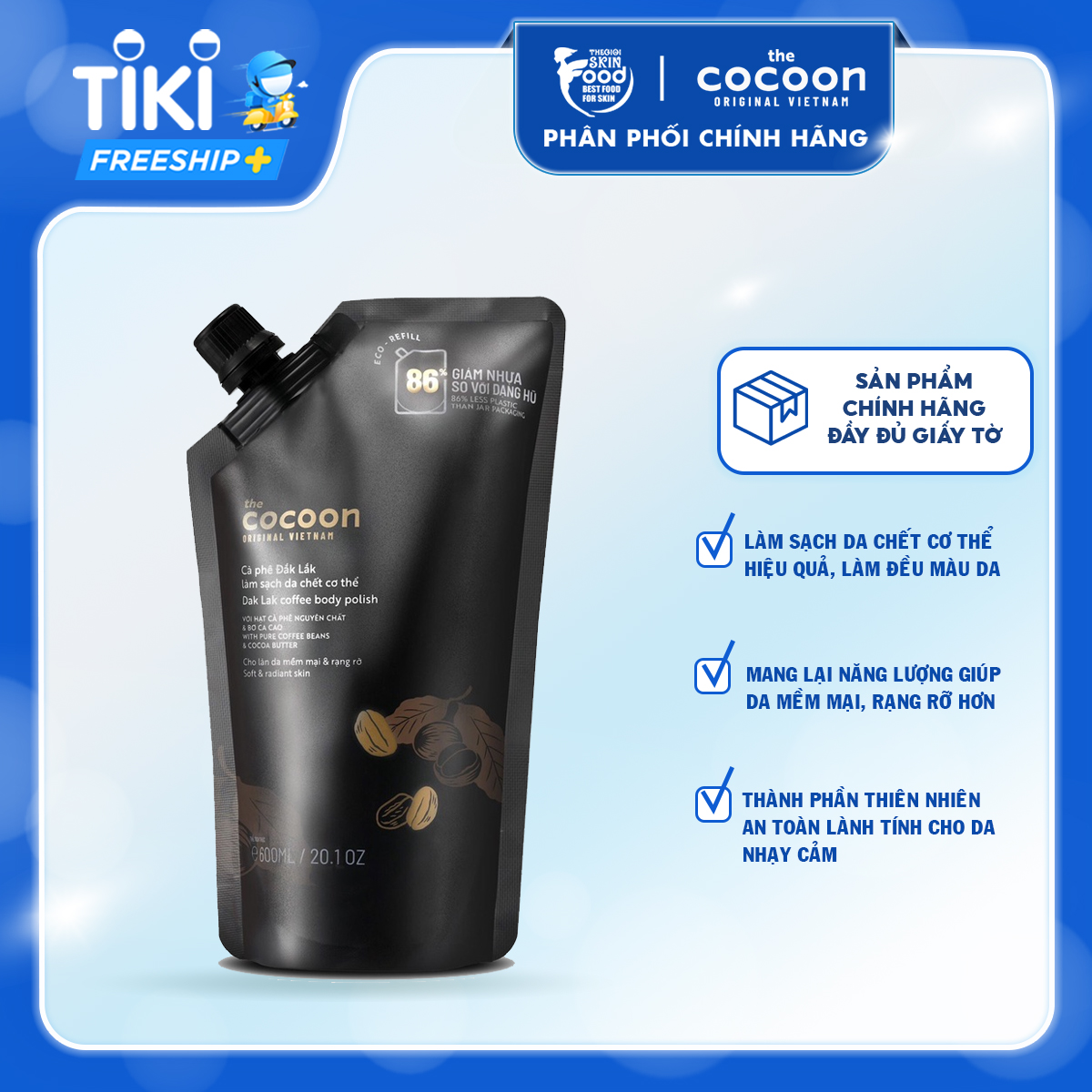 [Túi 600ml] Tẩy Da Chết Body Làm Đều Màu Da Và Dưỡng Mịn Da Chiết Xuất Cà Phê Dak Lak The Cocoon Dak Lak Coffee Body Polish