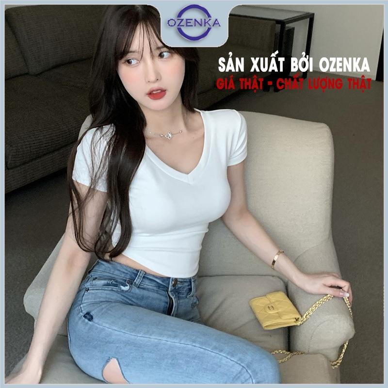 Áo croptop vạt bầu cổ tim tay ngắn ôm nữ ozenka , áo crt basic chất cotton màu đen trắng mặc đi học đi chơi dưới 55 cân