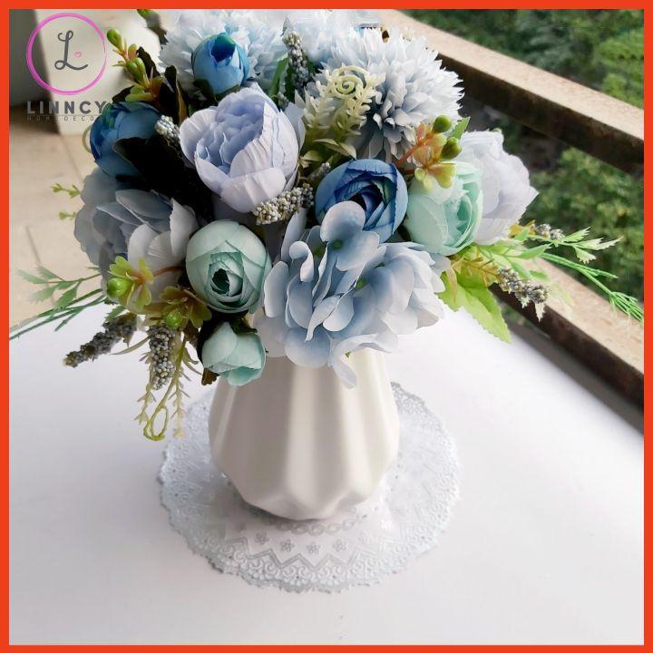 Bình hoa mix nhân tạo tông hồng, xanh cao 28cm trang trí nhà cửa, cửa hàng, văn phòng, lớp học