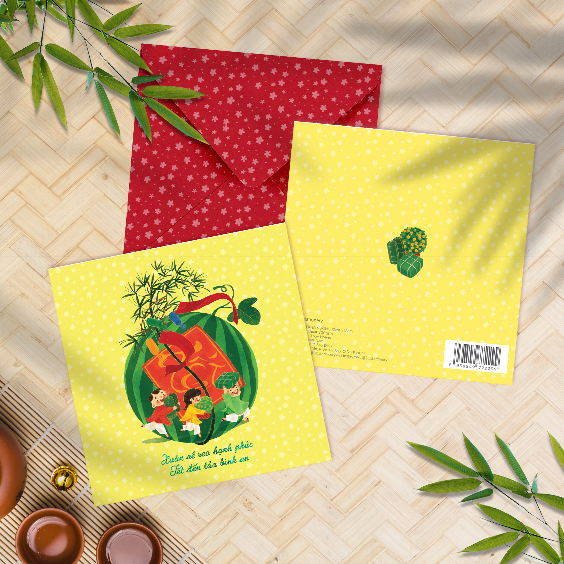 Set 2 thiệp Tết SDstationery Cảnh Xuân hình ảnh truyền thống ông đồ viết thư pháp, cây nêu, mộc mạc, dễ thương, vuông 12x12