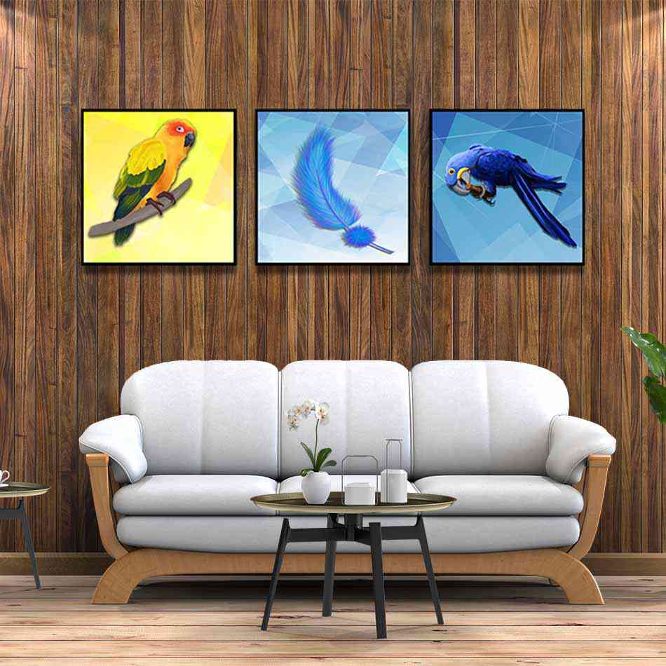 Bộ 3 tranh canvas treo tường Decor Họa tiết vẹt và lông vũ - DC141