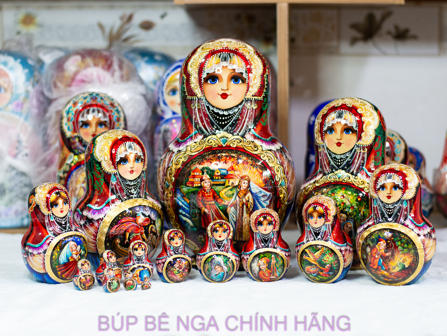 BỘ BÚP BÊ NGA 15 LỚP CAO 26CM DÁNG TRÒN VẼ HOA VĂN "CHUYỆN CỔ TÍCH PUSHKIN" CỰC ĐẸP, ĐỘC ĐÁO VÀ SANG TRỌNG