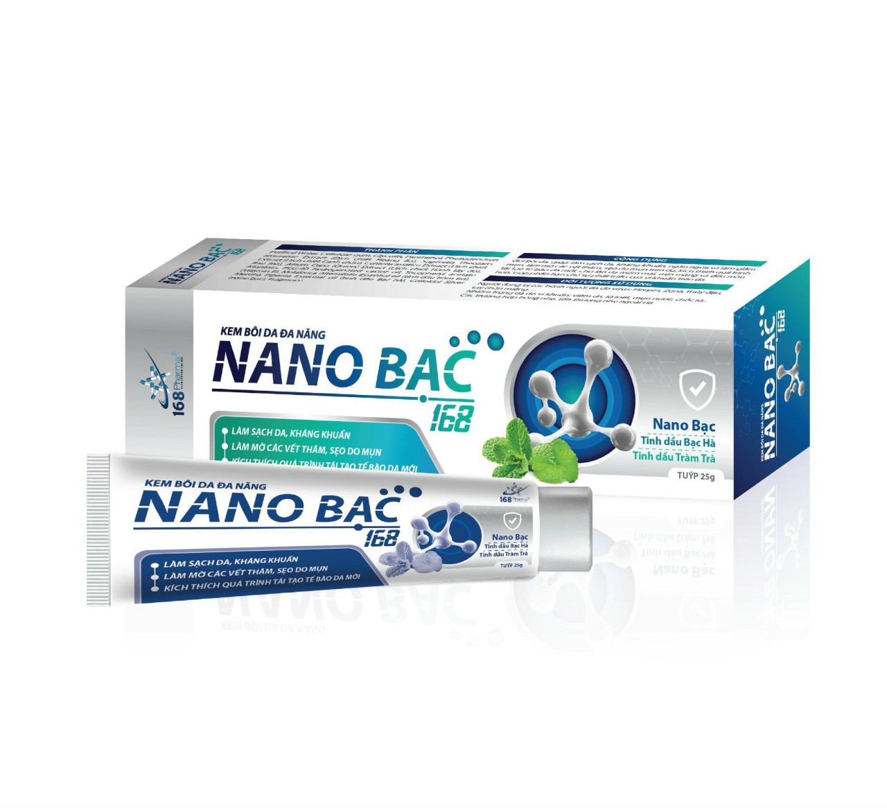 Kem Bôi Da NANO BẠC 168 (Tuýp 25g) - Làm Sạch Da, Kháng Khuẩn, Ngăn ngừa và Giảm Mụn, Làm Mờ Vết Thâm Do Mụn, Tái Tạo Da 