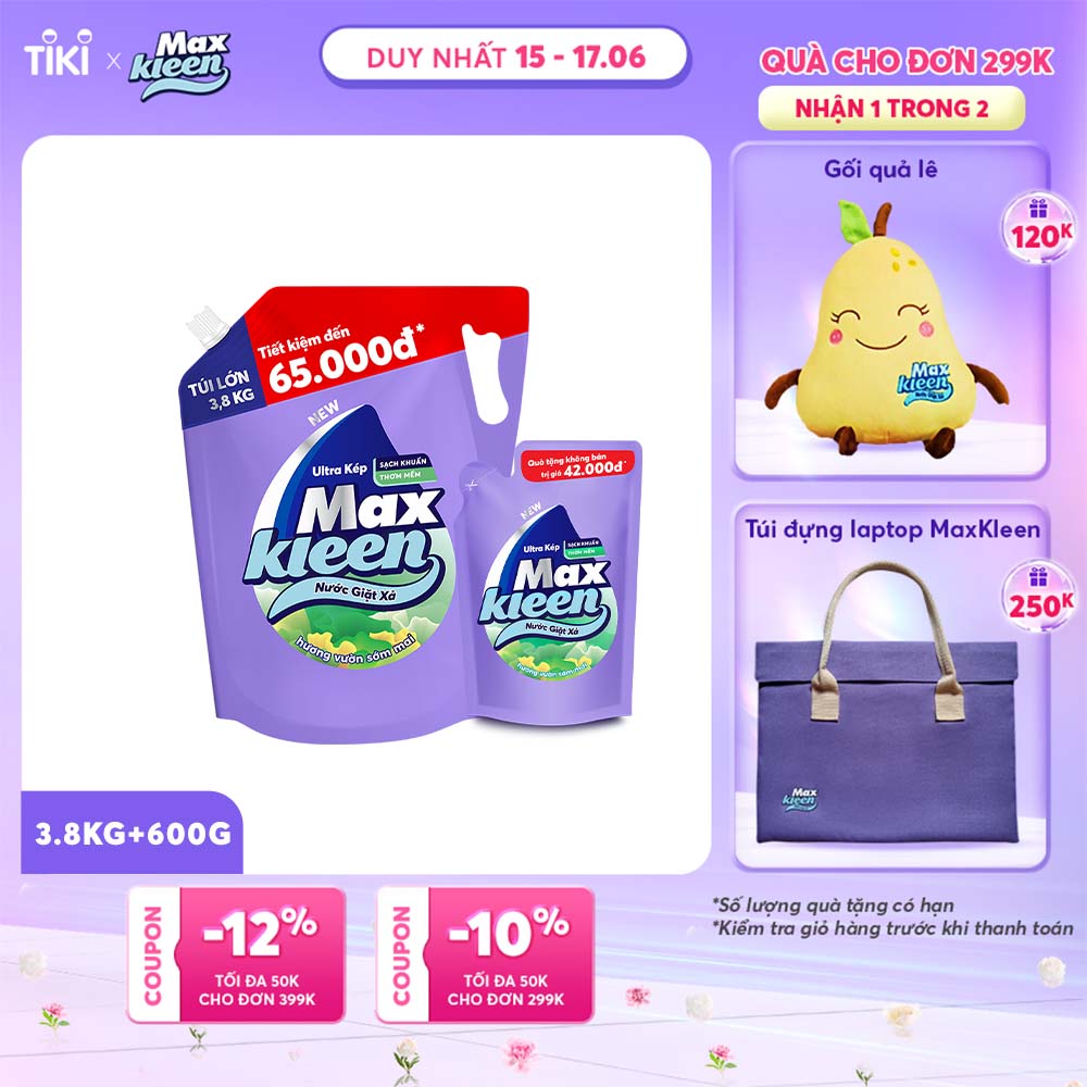 Combo Nước giặt xả Maxkleen hương vườn sớm mai: 1 Túi 3.8kg + 1 Túi 600g