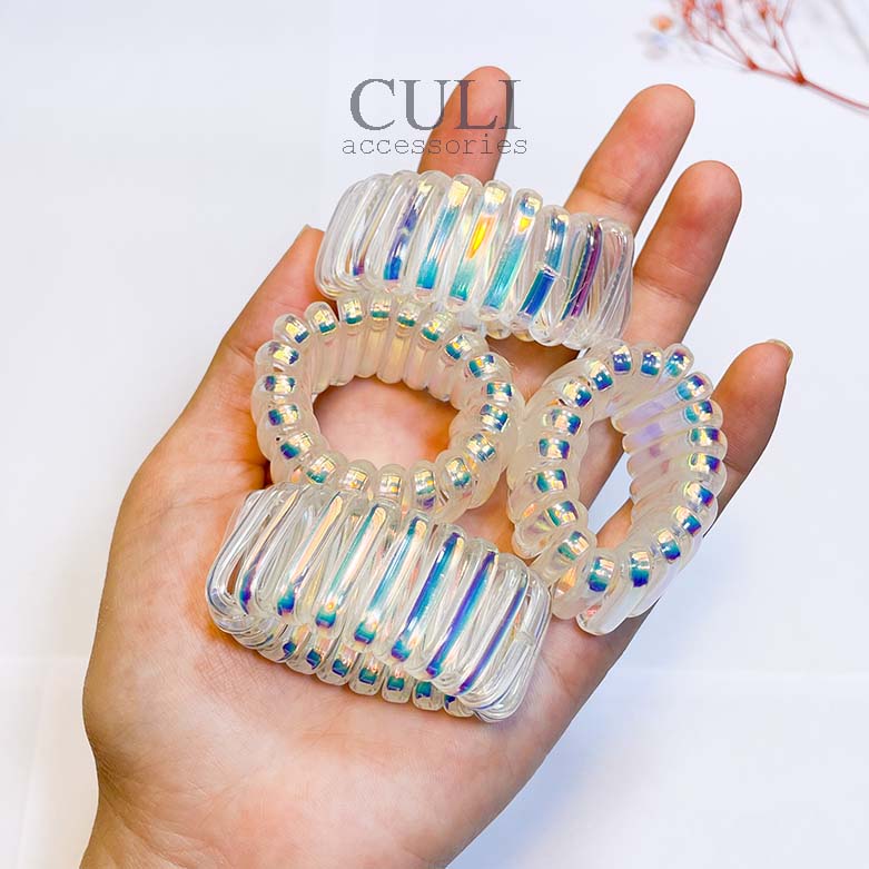 Cột tóc lò xo co giãn, dây cột tóc nhựa dẻo xoắn, màu hologram xinh xắn