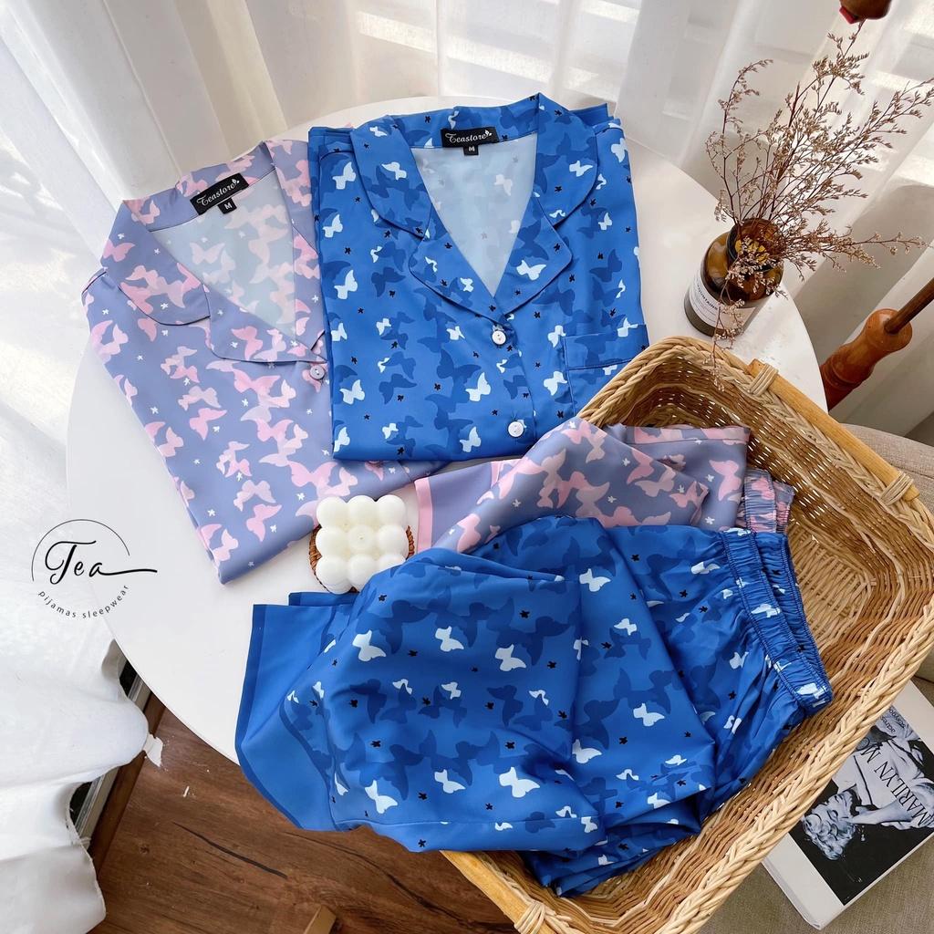 Bộ Mặc Nhà Pyjama Lụa Cao Cấp Tea Store Tay Dài Quần Dài Họa Tiết Cánh Bướm Xanh 2022