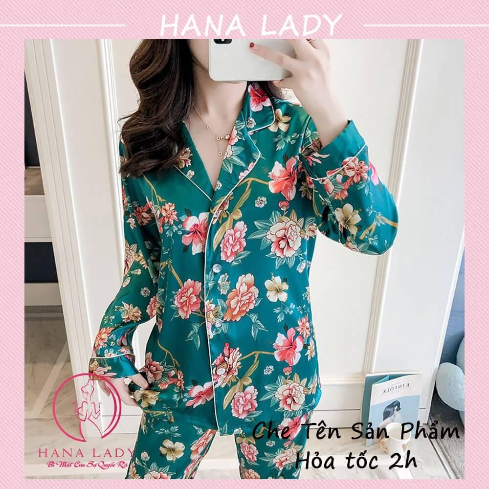 Đồ bộ ngủ pijama lụa mặc nhà mềm mại họa tiết hoa xanh PJ532