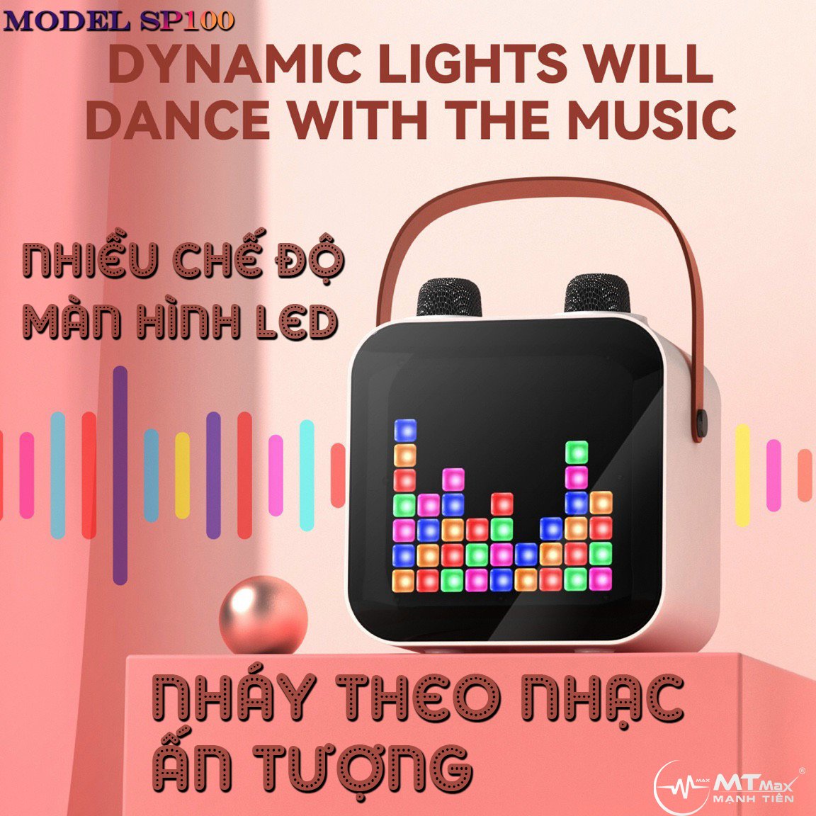 Loa Bluetooth Không Dây karaoke mini xách tay MTMAX SP100 kèm 2 micro không dây có đèn led nhỏ nhắn tiện lợi phục vụ nhu cầu ca hát mọi lúc mọi nơi hàng chính hãng