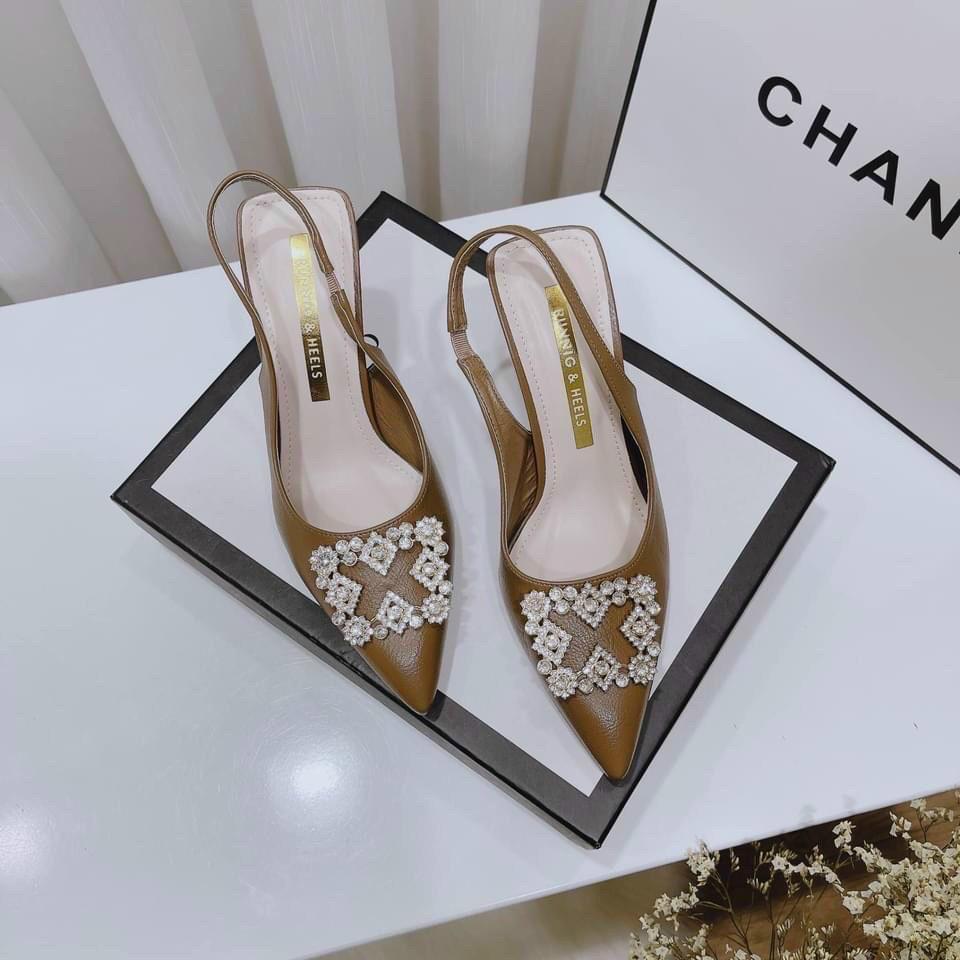 Sandal bít mũi da mịn nơ đá chữ X gót đũa nhỏ - 7P