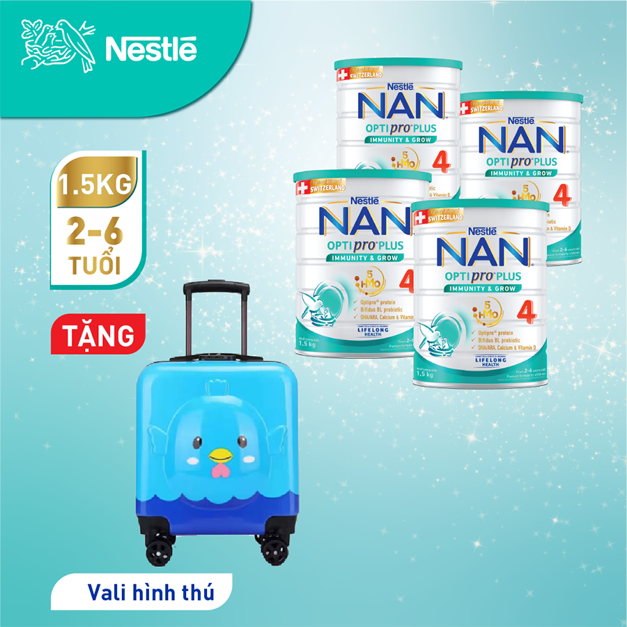 Bộ 4 lon Sữa bột Nestlé NAN OPTIPRO PLUS 4 1500g/lon với 5HMO Giúp tiêu hóa tốt + Tăng cường đề kháng (2 - 6 tuổi) + Tặng Vali Hình Thú