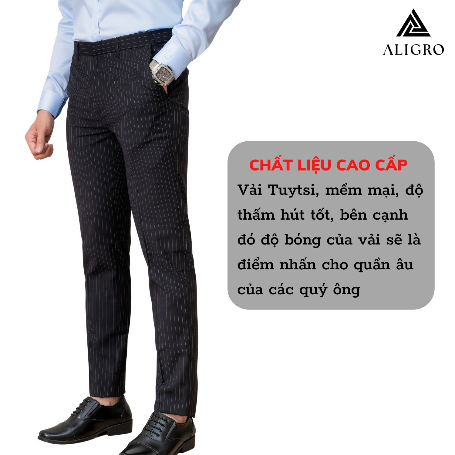 Quần Âu Nam ALIGRO Đen Kẻ Sọc Trắng Form Chuẩn Slimfit, Vải Cotton Cao Cấp Cực Tôn Dáng, Lịch Sự, ALGO1049