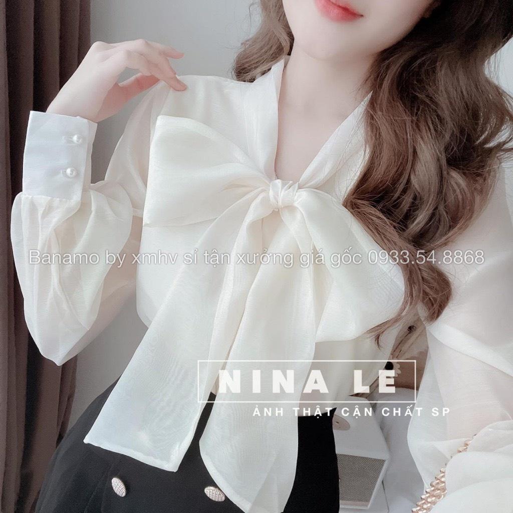 Áo sơ mi cổ nơ voan tơ cao cấp tay bồng phối khuy ngọc thời trang Banamo Fashion 3914